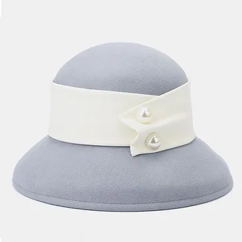 Stil Retro Femei de Iarnă Pălării Perals Butonul PU Trupa Geniue Lână Pălărie Cald Simțit Floppy Margine Largă Rochie Formale Biserica Pălărie