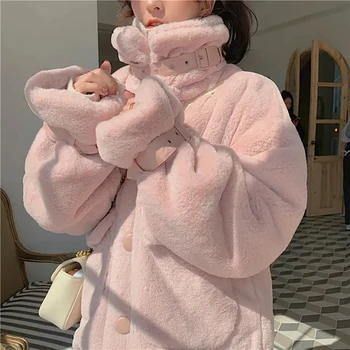 Toamna Iarna Imitație de Blană Sacou Cald Palton coreean Solid Dulce Single-breasted Buzunar Haina de Moda pentru Femei Roz Alb Parka