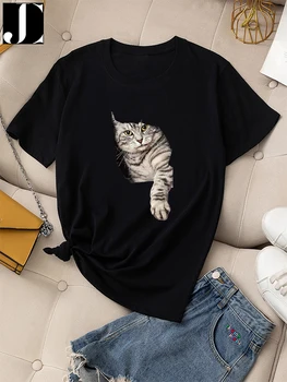 Vara 100% Bumbac T-shirt Femei Casual cu Maneci Scurte imprimeu Pisică de sex Feminin Grafic de Moda T Shirt Doamnelor Regulat Gât Tee Topuri