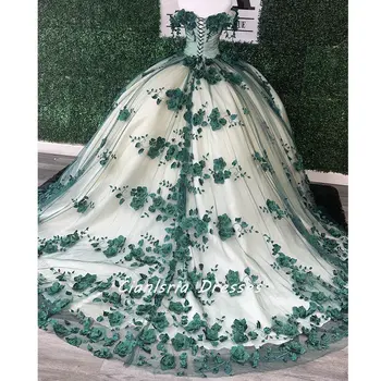 Verde smarald De pe Umăr Rochie Quinceanera Rochie de Minge Vestidos De XV Años 3D Flori Dantelă Cristal Dulce 15 Concurs