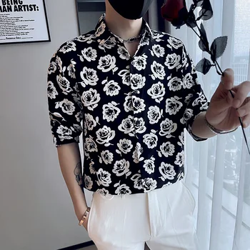 Versiunea coreeană Bărbați Florale Cămașă de Vară Jumătate Maneca Tricou Casual Slim Streetwear Partidul Social Smoching Bluza Barbati Haine 2022