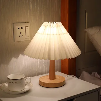 Vintage Dormitor Cutat Umbrela Lampă de Masă din Lemn Masiv Studiu de Lectură Noptieră Lumina de Noapte USB Pânză Abajur