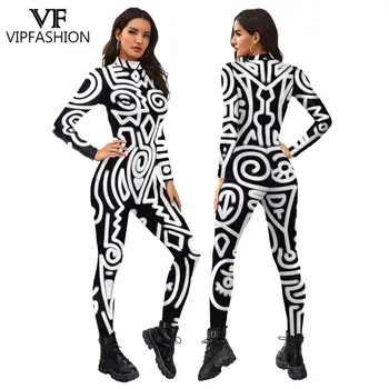 VIP MODA Femei Adulte Geometrice Imprimare Maneca Lunga Cosplay Costum Salopeta Spandex Halloween Purim Catsuit Plus Dimensiune