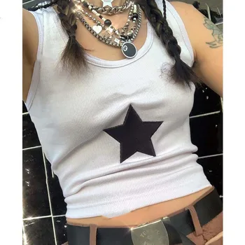 Y2k tricou Femei Vara Montate Vesta Stele Broderie fără Mâneci Gât Linguriță Casual Rezervor Topuri pentru Femei Culturilor Sus Streetwear