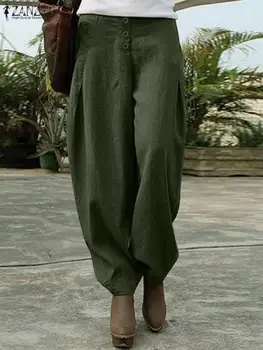 ZANZEA Culoare Solidă Femei Femme Pantaloni de Moda Liber Harem de Vacanță Pantalon Palazzo Buzunare Laterale Bumbac Supradimensionate Nap Codrin